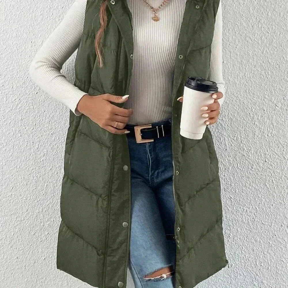 Army Green Casual Women's Zip Up Slant Pocket Sleeveless Hooded Padded Coat - Picture 4 of 4